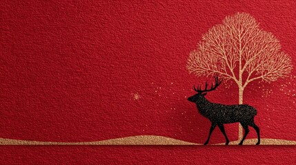 Luxury gold invitation card design featuring deer and tree on red background for Christmas events and celebrations