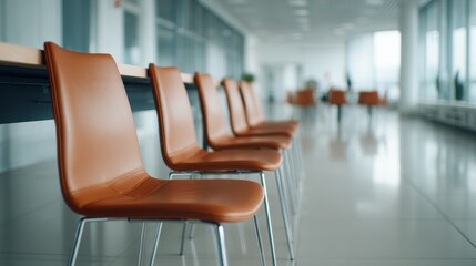 Modern conference room with single prominent chair in side angle composition featuring soft blur background and spacious copy space for professional use