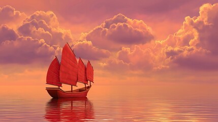 Red sailboat with three sails floating on sea under pink yellow sky with sunset glow reflecting light on water surface