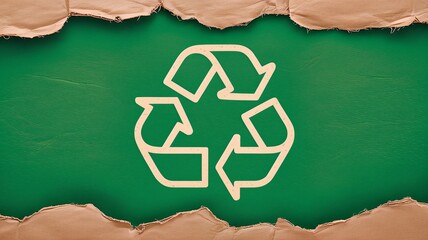 Recycling symbol on green background with torn brown paper edges