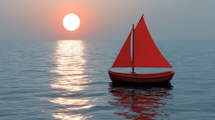 Small red sailboat gently floating on tranquil sea illuminated by warm glow of sunset evoking serene coastal mood