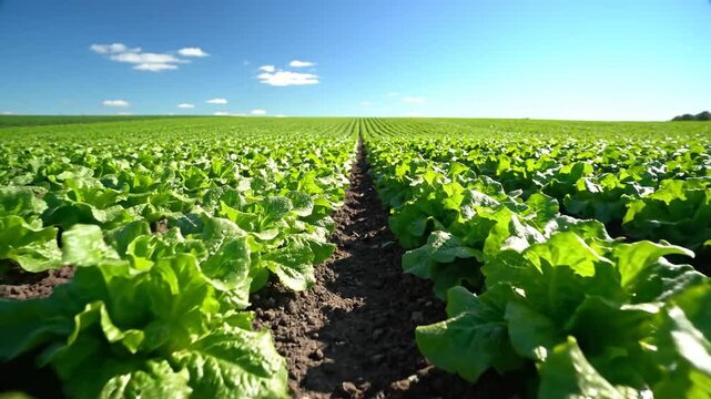 Vast green lettuce field under a clear blue sky with white clouds.