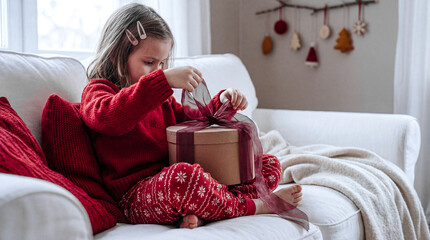 A young girl happily opens a Christmas gift while sitting on a cozy sofa during the holiday season in the cozy living room of her home.