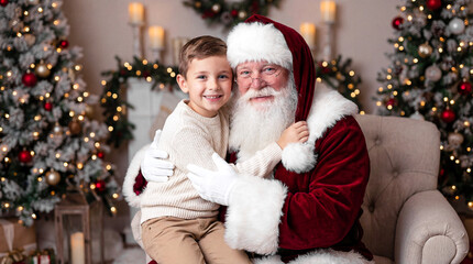 Santa Claus, with a cute child on his lap, sits in a cozy chair, surrounded by holiday decorations and gifts, writing down Christmas wishes. Merry Christmas Holiday concept, cheerful.