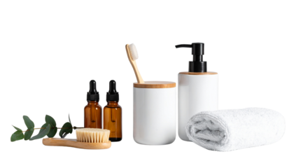 Daily personal care items including toothbrush, skincare bottles, towel, soap dispenser, clean hygiene concept, modern bathroom style, isolated on transparent background.