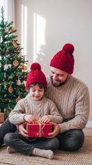 A father and child are sitting next to a Christmas tree, opening a present. Merry Christmas! A festive concept, a cheerful atmosphere.
