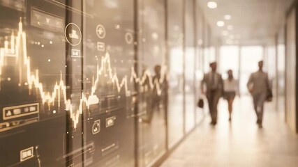 Financial market analytics displayed on glass office corridor as professionals walk past digital charts showing investment performance - Powered by Adobe