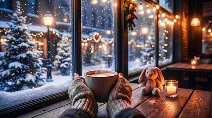 Hands in a sweater holding a warm holiday drink against a window with Christmas trees outside. Merry Christmas! Festive concept, joyful atmosphere.