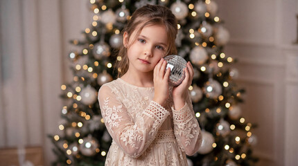 A cute girl holding a disco ball against a Christmas tree. Merry Christmas! Festive concept, cheerful atmosphere.