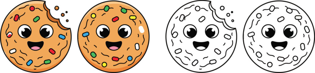 Obraz premium Happy Cartoon Cookie Characters with Sprinkles One with a Bite Taken for Sweet Treats and Snack Themes