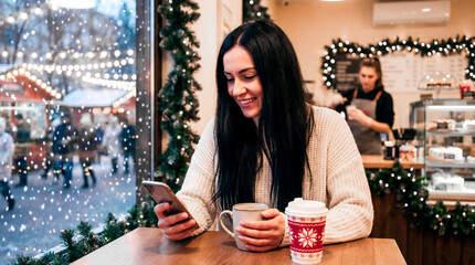 A girl holds a warm holiday drink in one hand and a smartphone in the other, against a window with Christmas trees outside. Merry Christmas! Festive concept, joyful atmosphere.