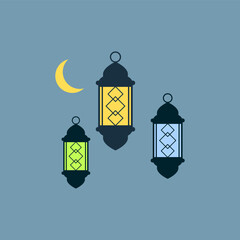 Three lanterns with different bright colors include green, yellow, and blue. Islamic lantern theme. Ramadan decoration theme. Vector illustration.