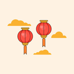 Two Chinese lanterns floating among clouds. Chinese New Year theme. Chinese culture. Vector illustration.