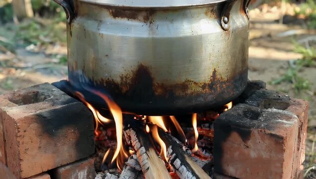 Rustic 4K outdoor cooking scene showing large metal pot resting on makeshift brick stove with firewood burning underneath to create traditional 
