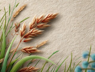 Wheat and Grass on Textured Paper Background, Natural Minimalist Still Life