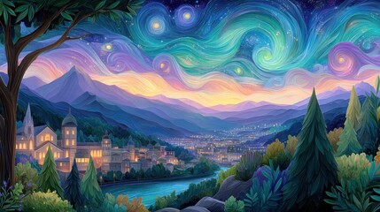 Whimsical Night Cityscape with River and Starry Sky, Dreamy Fantasy Town