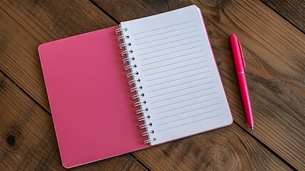 Pink notebook and pen on wooden desk for writing and planning