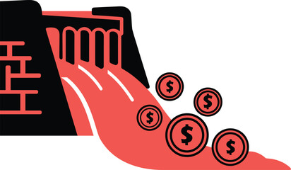 Economic Outflow Creative Vector Illustration of Money Released from a Dam