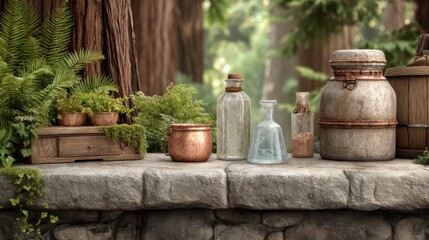 Rustic Apothecary Still Life: Vintage Bottles and Copper in Forest Setting
