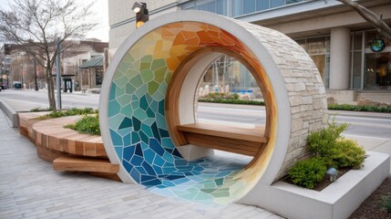 Modern Art Bench with Colorful Tile Mosaic, Urban Public Space