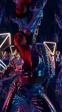 Vertical video of stylish woman in silver sequin suit dancing in infinity mirror room with neon lights. Futuristic fashion model performance in kaleidoscope background