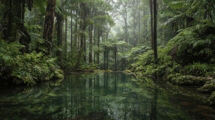 Obraz premium Tropical rainforest after rainfall with a tranquil water mirror and lush emerald canopy