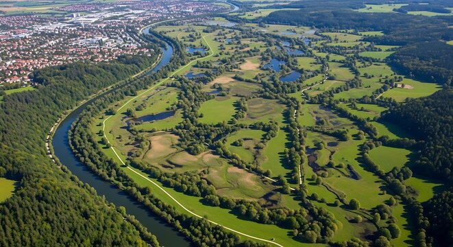 Aerial view showcases a curving river adjacent to a sprawling urban area and lush green floodplain landscape.