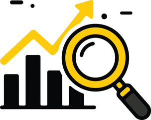 Magnifying glass examines rising bar graph and upward trend arrow, symbolizing business growth and analysis.