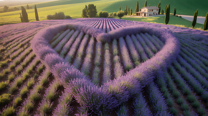 A heart-shaped design of lavender fields with a Tuscan villa under a bright sky