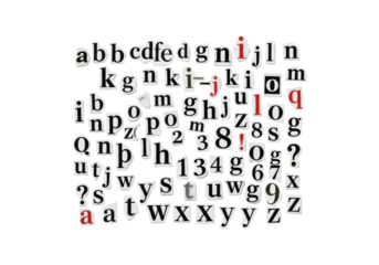 Diverse typography cutouts (letters, numbers, punctuation) with varied fonts, realistic imperfections on transparent studio background, copy space, Concept of anonymous communication