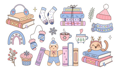 Winter books clipart set, Trendy Christmas bookish aesthetic, Book lover stickers, Cozy reading, Bookstore Holiday Graphic, Seasonal vector illustration.