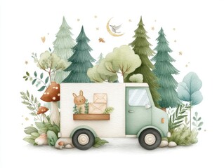 Watercolor Delivery Truck in Forest with Bunny and Letters
