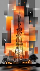 Abstract Telecom Tower with Sunset and Cityscape Overlay