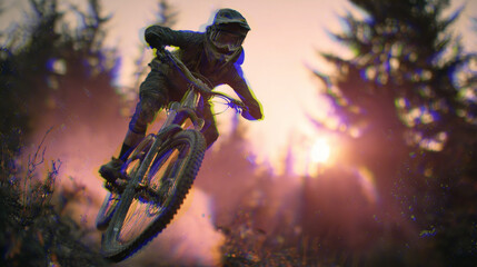 Mountain biker racing through forest trail at sunset, dynamic action, speed, adrenaline, freedom and outdoor adventure.