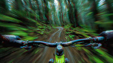 First person view mountain biking through forest trail, speed, motion, dynamic blur and adrenaline filled action.
