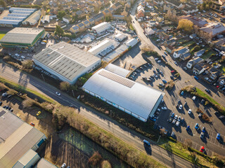 Interesting drone UAV view of a typical British supermarket and its car park located within a typical market town in Cambridgeshire, UK. Taken on a cold and sunny December morning. © Nick Beer