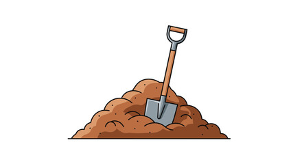 Metal shovel with a wooden handle stuck into a large pile of brown soil or dirt isolated on a plain white background.