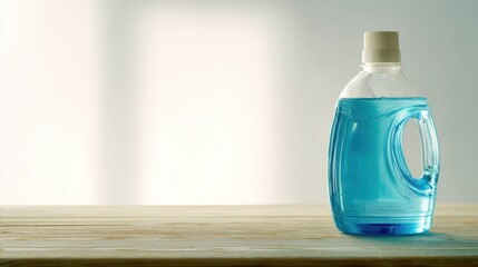 Unbranded gel detergent bottle on natural wood top with minimal background and whitespace for messaging