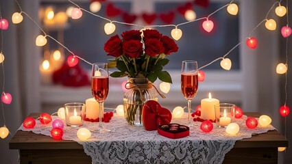 A romantic Valentine's Day dinner setup with red roses and candles on a cozy table
