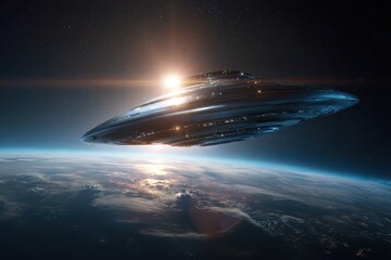 Unidentified flying object above Earth seen from space, dramatic sun flare and cosmic background