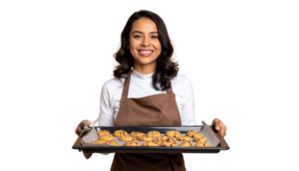 Woman Baking Fresh Chocolate Chip Cookies isolated on solid background Png format