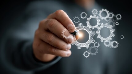 Business hand controls digital gears with stylus for automation and optimization in workflow systems using AI technology for process improvement