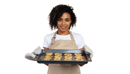 Woman Baking Fresh Chocolate Chip Cookies isolated on solid background