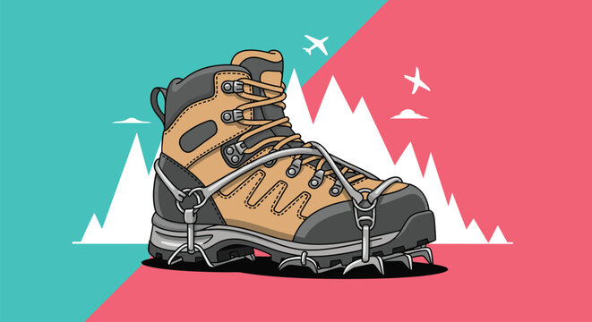 Professional hiking boot with ice crampons and mountain peaks in the background representing outdoor adventure.