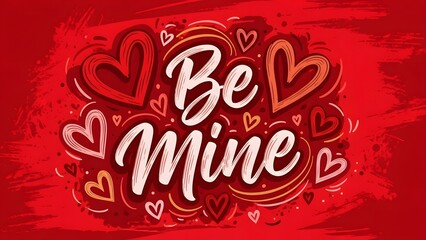 A Valentine's Day graphic with the phrase Be Mine surrounded by colorful hearts on a red background