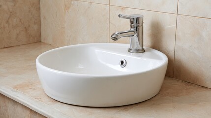 Fototapeta premium Modern white ceramic sink with chrome faucet on beige tiled wall, sideangle view showing clean lines and ambient lighting with copy space