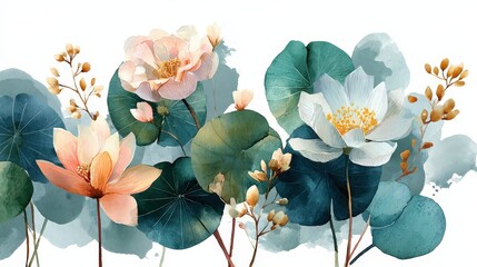 Watercolor leaf and flower illustration showcasing botanical elements in a minimal style from a high-quality collection