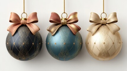 Hanging Christmas balls with ribbon in various colors isolated on white background perfect for seasonal decoration
