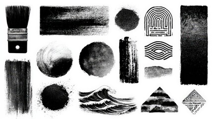 Collection of ink brush strokes and artistic design elements displayed in various shapes and patterns with black and white tones suitable for graphic design projects