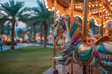 Vibrant horse on an ornate lit carousel in a city park in Dubai at dusk